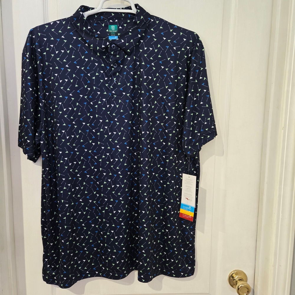 Pro Tour Golf Polo Men XXL Navy Blue NWT Coolplay UPF 50 Flag Print Shirt